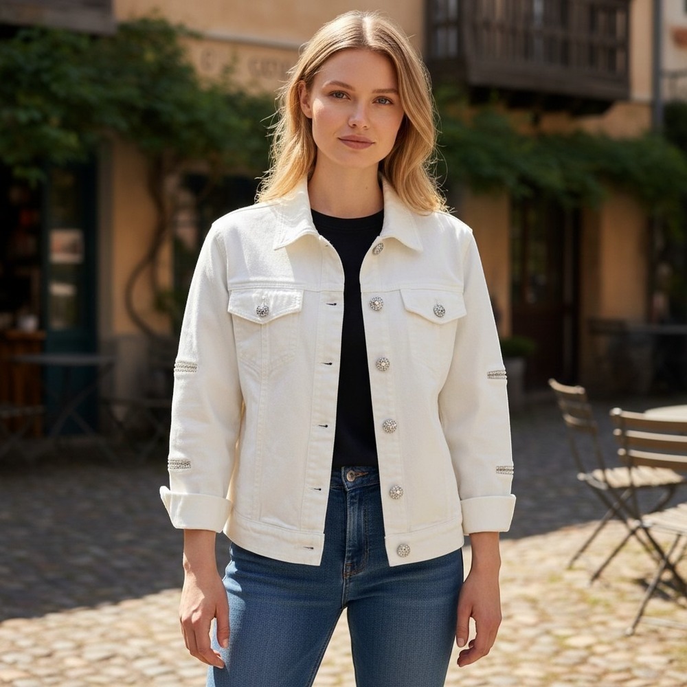 Very Vera Trucker Jacket Women's M White Denim Rhinestone Cutout Sleeve Jacket